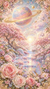 Dreamy romantic vintage background with pink roses, ringed celestial planet and gold accents