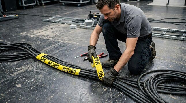 technician wrapping hazard tape around heavy cables in studio