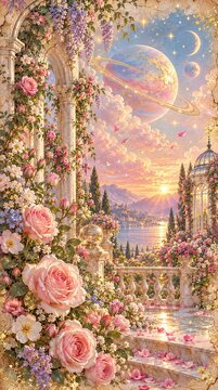 Dreamy romantic vintage background with pink roses, ringed celestial planet and gold accents