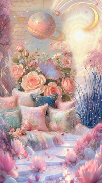 Dreamy romantic vintage background with pink roses, ringed celestial planet and gold accents