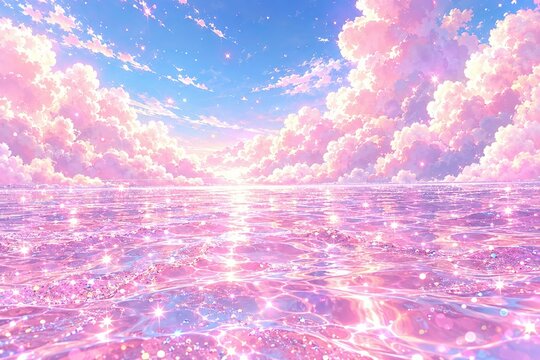 Dreamy pink glitter ocean background with sparkling liquid water and pastel sunset clouds