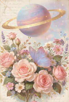 Dreamy romantic vintage background with pink roses, ringed celestial planet and gold accents