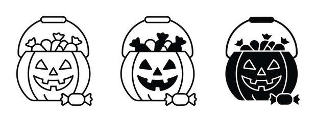 Obraz premium Halloween Pumpkin Candy Buckets, Trick-or-Treat Icons, Spooky Jack-o'-Lantern Collection, Festive Autumn Treats