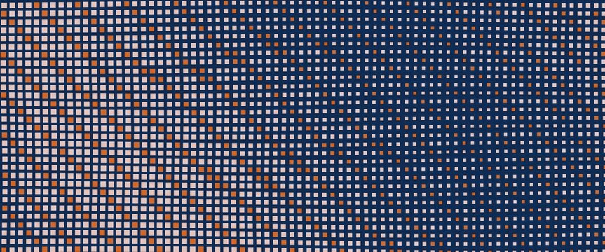 Abstract close-up grid of tiny blue, orange, and white square pixels creating a dense digital texture and geometric pattern
