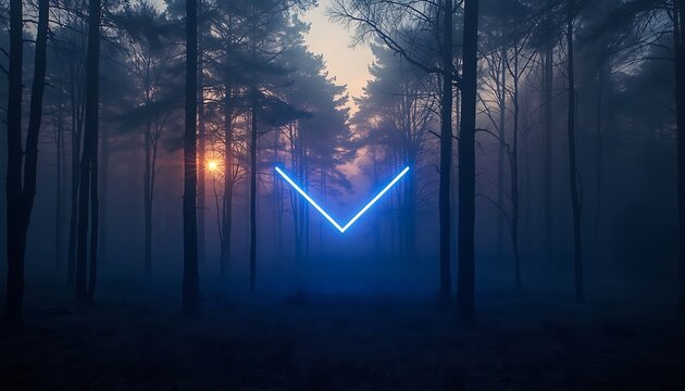 Single blue neon chevron arrow indicates direction in foggy winter forest.