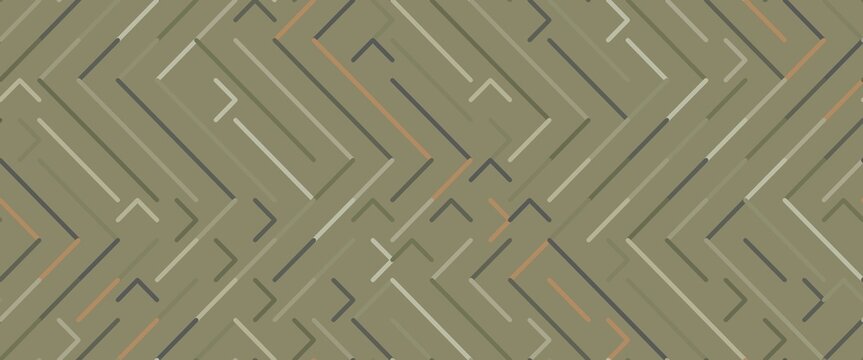 Seamless abstract geometric pattern of interlocking angled lines in muted olive, beige, gray, and terracotta tones