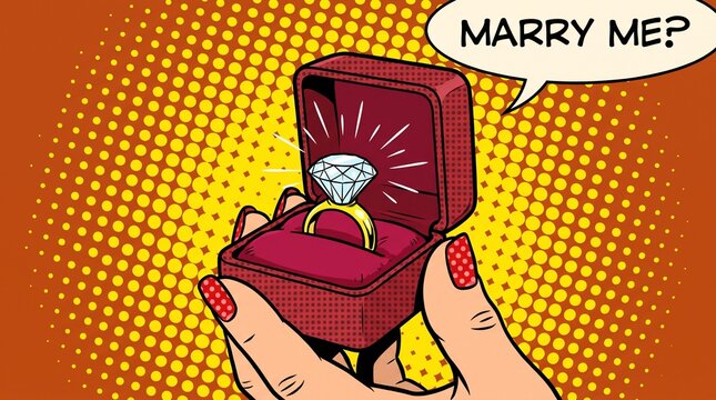 Pop art marriage proposal with diamond ring in box