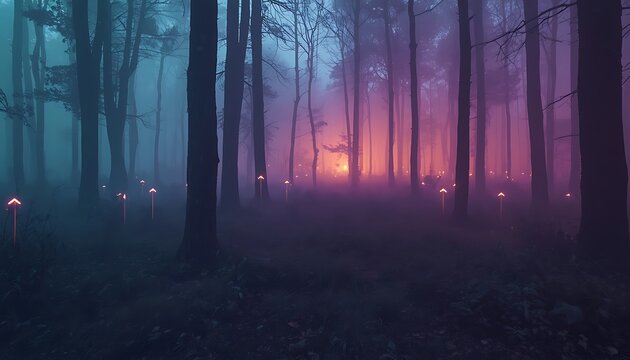 Floating glowing arrows mark path through dark dense moody forest fog.