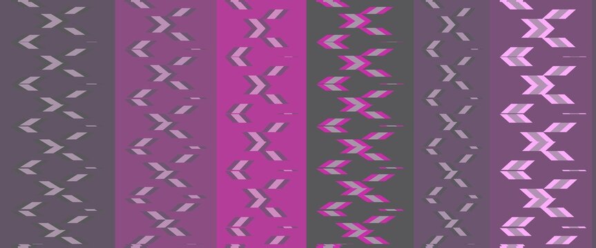 Seamless abstract geometric pattern with vertical bands, zigzag motifs, and layered gray, mauve, magenta, and pink tones