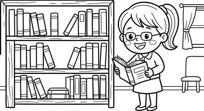 Kid Librarian Coloring Page, Girl Reading Book Line Art