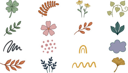 Obraz premium Hand Drawn Botanical Floral Elements Collection Featuring Clover, Wildflowers, Leaf Branches, Ginkgo Leaf, Vines, Daisies, Abstract Doodles, Dots, Arches, and Decorative Nature Motifs