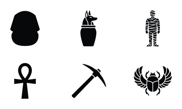 Ancient Egyptian Icons Set: Pharaoh, Anubis, Mummy, Ankh, Pickaxe, Scarab Beetle, Hieroglyphic Symbols for History and Culture