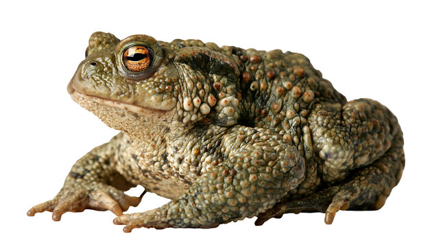 Common European toad with bumpy textured skin and bright orange eyes