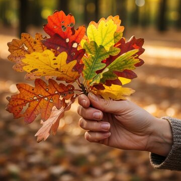 Hand holding colorful autumn leaves in forest setting.