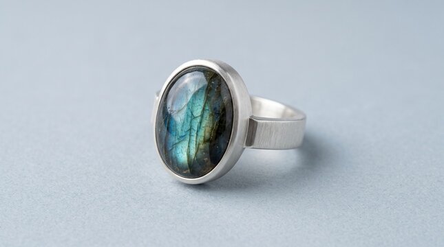 Silver ring with labradorite stone oval gemstone set on pale neutral background