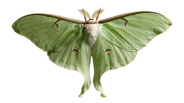 Pale green Luna moth with long tails and feathery antennae