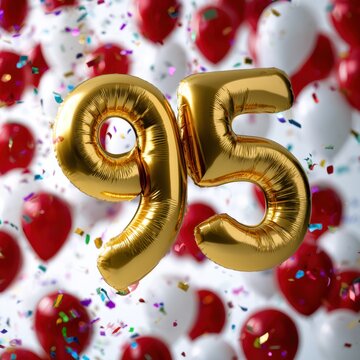 Festive celebration with golden foil balloons shaped as number ninety-five surrounded by colorful confetti and red and white balloons in the background