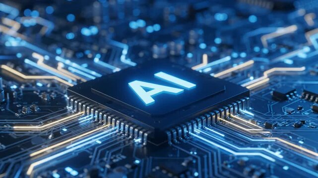 Futuristic AI core computing unit, dynamically pushing into gleaming processor amidst evolving digital circuitry, pulsating data streams