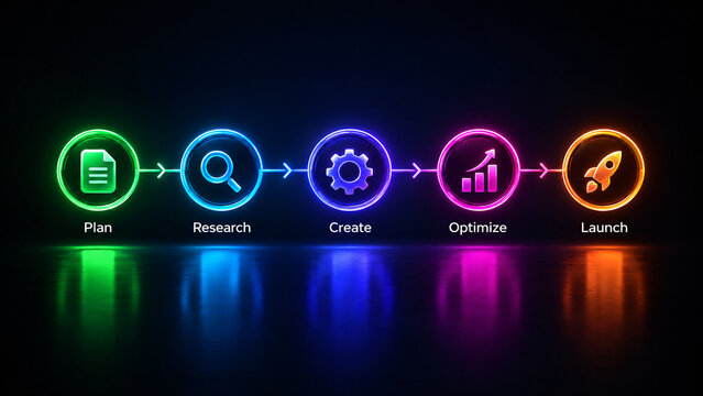 Neon Glowing Business Process Workflow Infographic Banner with Five Steps Plan Research Create Optimize Launch on Dark Background