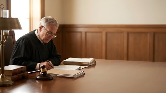 A judge dressed in a black robe is sitting at a wooden desk in a courtroom. He is examining papers and writing notes. The room has wooden panels and a lamp on the desk