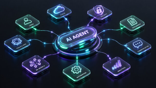 Artificial Intelligence Automated Workflow Flowchart System AI Brain Center Connecting Data Nodes Cloud Security Analytics Database Processing Pipeline Digital Technology Blue Circuit Banner