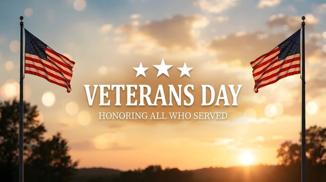 Veterans day banner with american flags at sunset and text honoring all who served