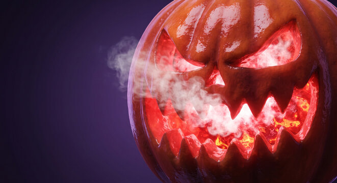 Scary close up Halloween jack o lantern face breathing thick smoke on purple background