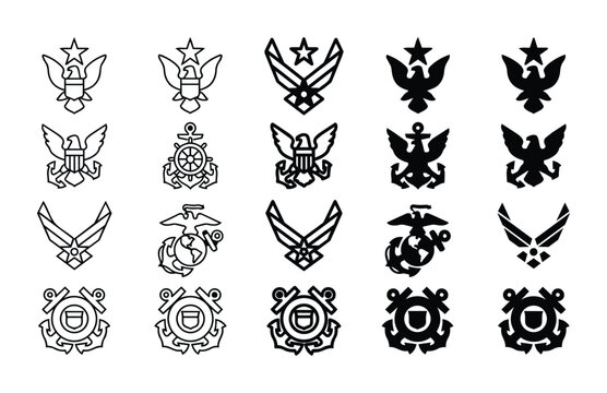 Military Insignia Vector Icons Set: US Army, Air Force, Navy, Marines, Coast Guard Emblems, Military Ranks and Symbols for Design Projects
