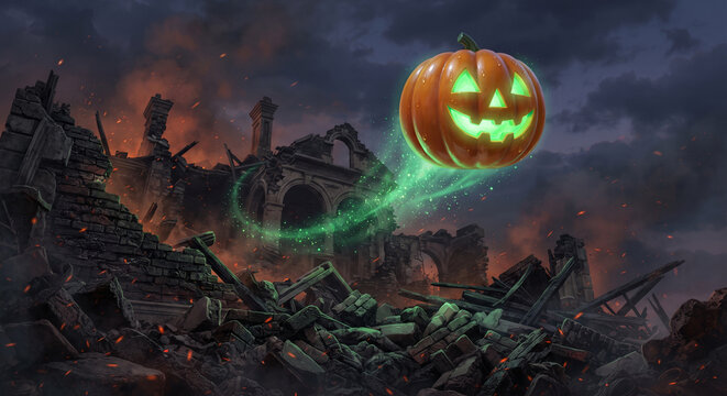 Floating Halloween pumpkin hovering over destroyed ancient ruins under an apocalyptic sky
