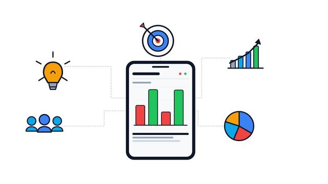 Premium flat vector animation of a digital business strategy ecosystem with a hero smartphone displaying dynamic side-by-side green and red status column charts based on performance height thresholds.