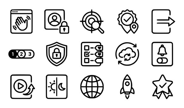 Mobile app onboarding screen design vector icons app setup tutorial line art collection