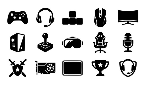 Gamer setup controller headset keyboard vector silhouettes emblem video game logo collection