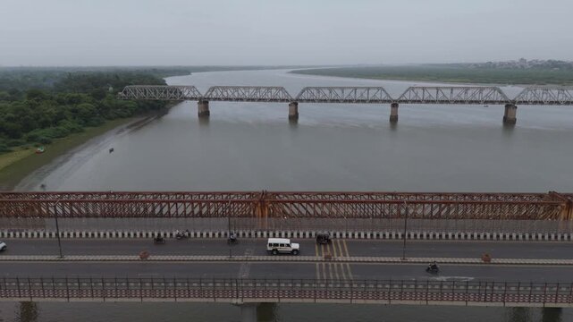 Aerial view of bridge and river infrastructure in Bharuch, Gujarat, India