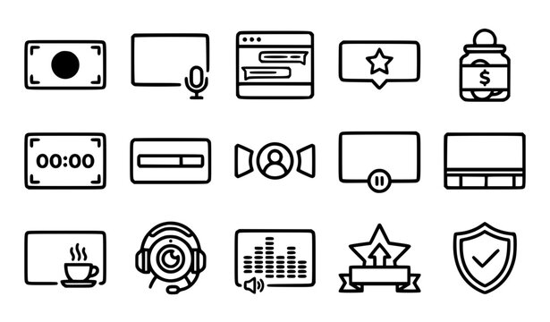 Streaming overlay live stream layout vector icons video gamer broadcast elements line art collection