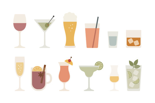 Collection of colorful cocktails and beverages in assorted glasses, featuring wine, beer, iced drinks and garnishes, arranged in a clean flat vector illustration on white background.