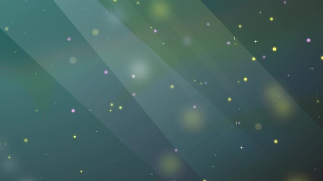 Glowing yellow and pink light particles float across diagonal luminous bands against an emerald green background in a 3D animation