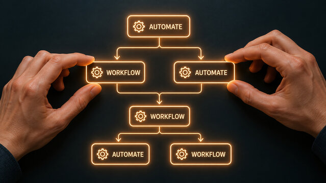 Person connecting glowing automated workflow diagram blocks on dark background, representing digital process automation, efficiency optimization, AI technology, and system management concept.