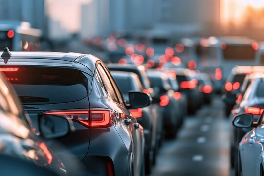 Congested city traffic during golden hour with numerous vehicles lined up and brake lights glowing on busy urban road at sunset