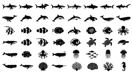 Collection of 60 black silhouette icons showing diverse marine life like sharks, dolphins, whales, sea turtles, octopuses, tropical fish, jellyfish, coral, and a seahorse. © VectorSuka