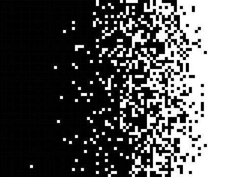 Black pixel mosaic dissolving into white space with geometric square patterns and halftone gradient effects creating modern digital dispersion art. Y2k pixel disintegration Vector design element