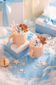 Glittering holiday accents and hot chocolate with Christmas gingerbread.