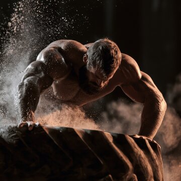 Muscular bearded man intensely flipping a large tire in a dramatic dark gym setting with dust and chalk particles swirling around