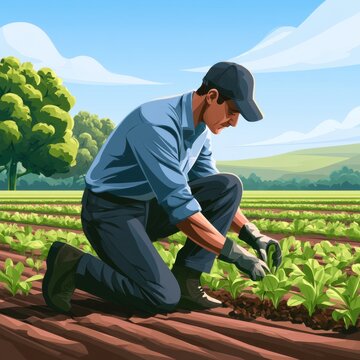Farmer kneeling in a vast green field tending to healthy crops under a clear blue sky with distant hills and lush trees in the background