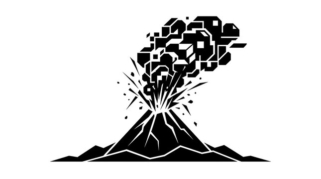 Geometric black volcano eruption illustration on white background.