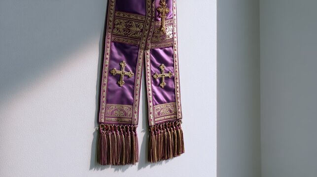Luxurious purple liturgical stole with ornate golden crosses and intricate embroidered patterns, gracefully hanging against a clean white wall, representing religious ceremony