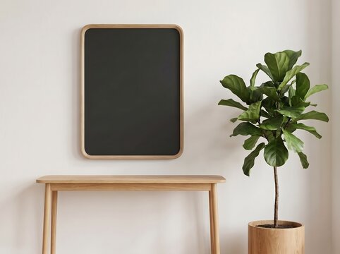 Minimalist Home Decor with Wooden Frame Blue Light Screen and Fiddle Leaf Fig Plant on Console Table for Modern Interior Design Aesthetics and Smart Home Style.
