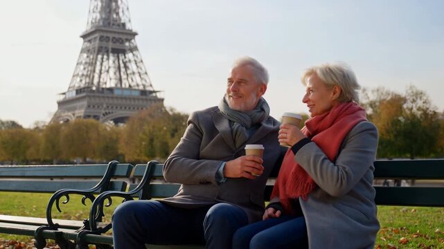 Older man and woman sit on park bench holding takeaway cups, talking and smiling as Eiffel Tower rises beyond sunlit autumn trees in bright daytime city park setting