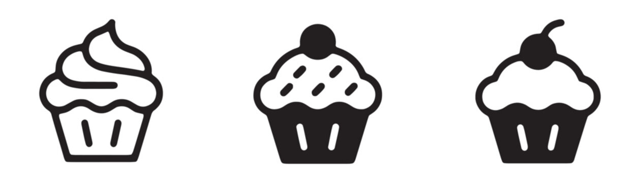Cupcake vector line icons set featuring cherry toppings and sprinkles for bakery menu branding design.