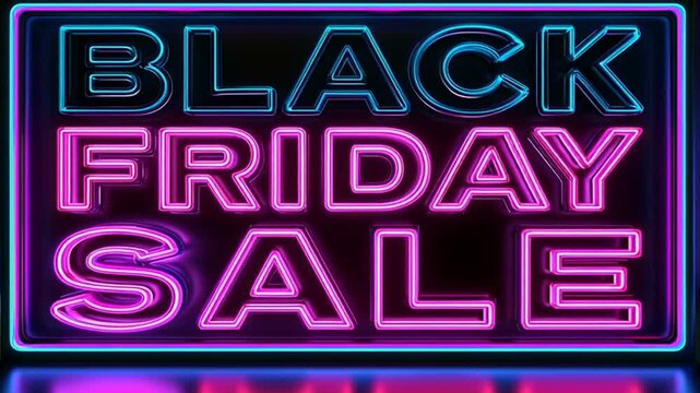 Animated Black Friday neon sign glowing in vibrant pink and blue against a dark black background.