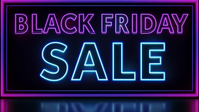 Animated Black Friday neon sign glowing in vibrant purple and blue against a dark black background.